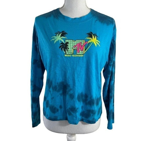 MTV Blue Tie Dye Long Sleeve T Shirt Palm Tree Graphic Print Size Juniors Medium - Picture 1 of 7